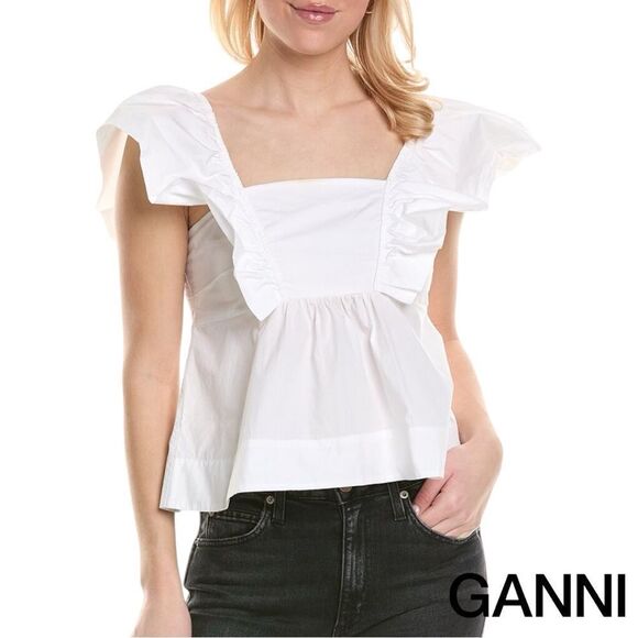 GANNI **NWT** Sleeveless Ruffle Cotton Poplin Blouse / Tank in Bright White - Picture 10 of 16